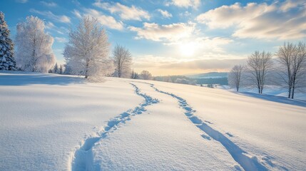 Tranquil Winter Landscape with Snow-Covered Ground and Footprints Leading to the Distant Horizon at Sunrise