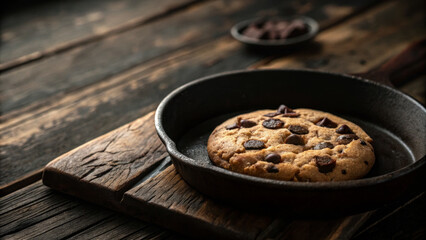 Freshly baked chocolate chip cookie in cast iron skillet on rustic wooden surface, evoking warmth and comfort