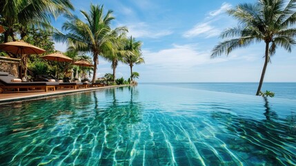 Serene Infinity Pool with Palm Trees Overlooking Tranquil Ocean Under Clear Blue Sky