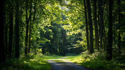 Obraz premium Sunlit Path Through Dense Green Forest Trees and Lush Foliage Creating a Serene and Tranquil Outdoor Landscape Scene
