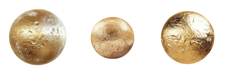 The image depicts a golden, cratered planet with a rocky and ancient appearance, having a textured surface and isolated on a transparent background as a png
