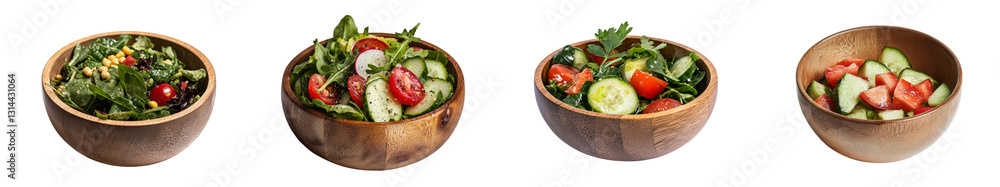Poster in a wooden bowl, a fresh salad combining lettuce, tomatoes, and cucumbers is presented as a healthy