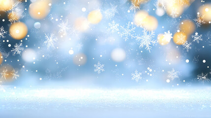 Naklejka premium Sparkling Snowflakes Falling on a Glittering Snow Covered Surface Against a Soft Blue Background with Golden Bokeh Lights Festive Christmas Winter