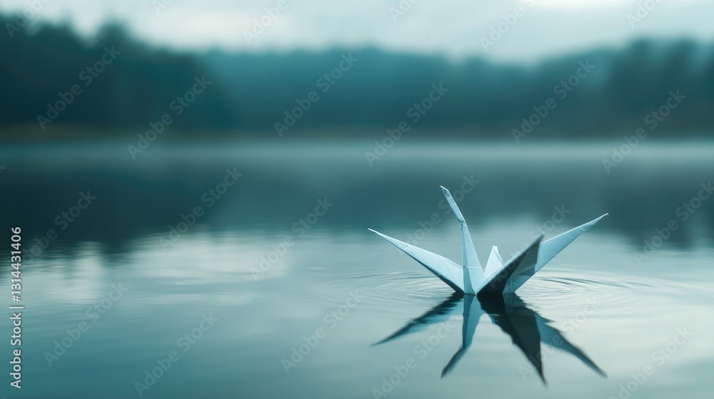 Poster tranquil scene with a paper crane floating on still water surrounded by a misty forest in soft morni