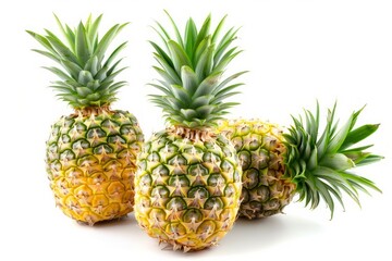 Three pineapples aligned on white background. Neural network AI generated