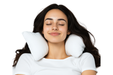 PNG Relaxed young woman with a white neck pillow