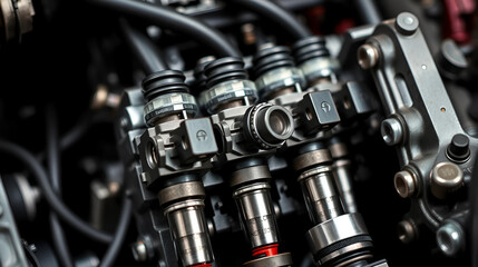 Detail of modern diesel engine repair, closeup of injectors in cylinder head with camshaft