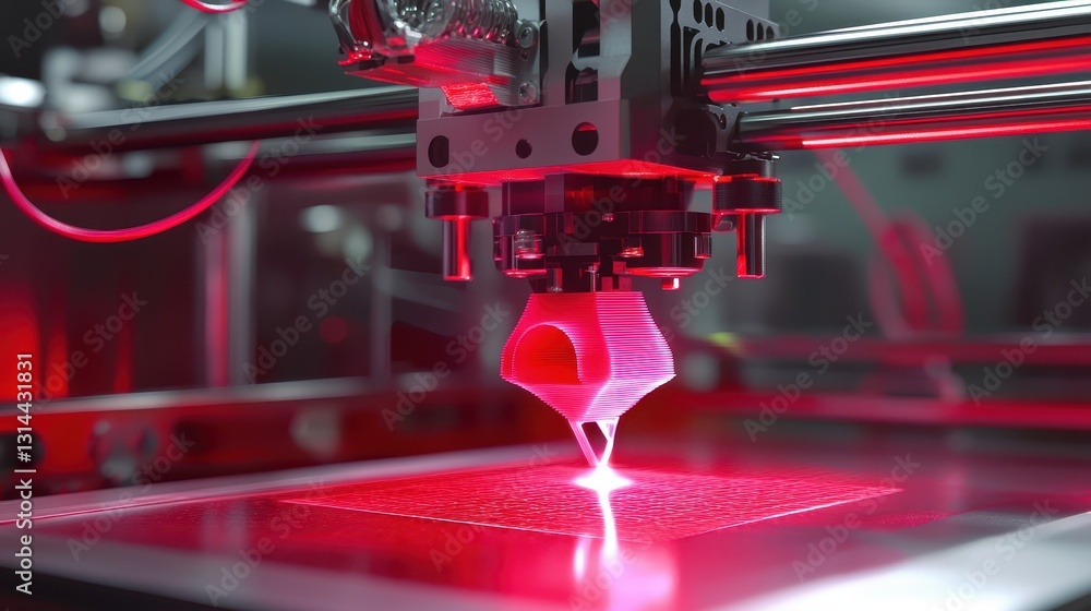 Poster 3d printer creating intricate red object in modern workshop environment