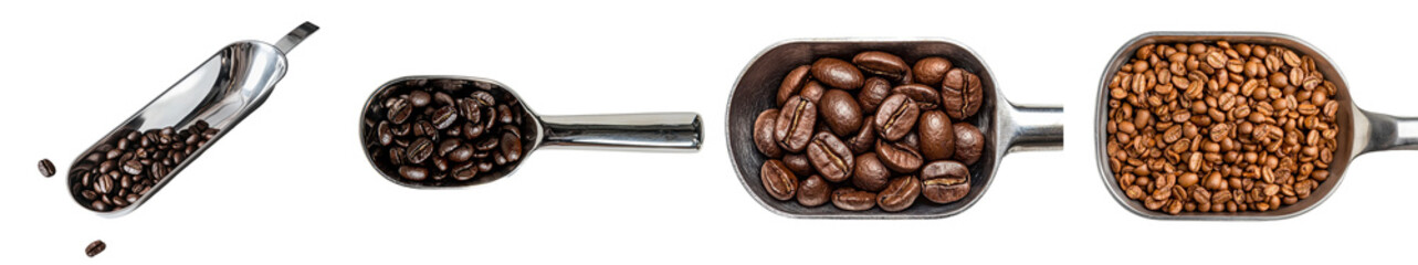 Obraz premium A metal spoon containing a scoop of rich coffee beans is the focus of this image, suitable for coffee-themed visuals, isolated on a transparent background and provided in png format