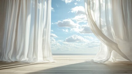 Bright and Airy Room with Sheer White Curtains Open to a Tranquil Sky and Soft Clouds Over a Serene Ocean View