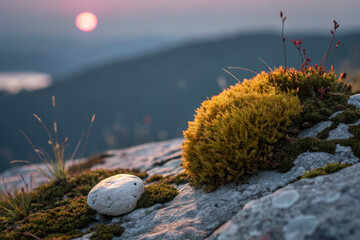 serene landscape featuring moss covered rock and smooth stone, with soft sunset in background. scene evokes tranquility and natural beauty