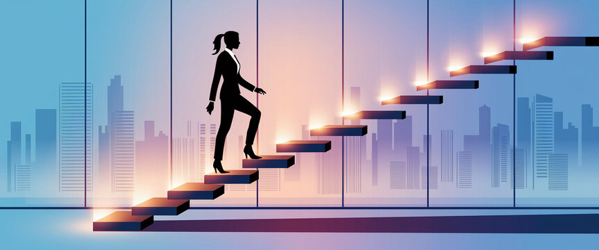 Silhouette of businesswoman ascending illuminated steps against city backdrop, symbolizing career growth and success, ideal for business or motivational concepts - Powered by Adobe