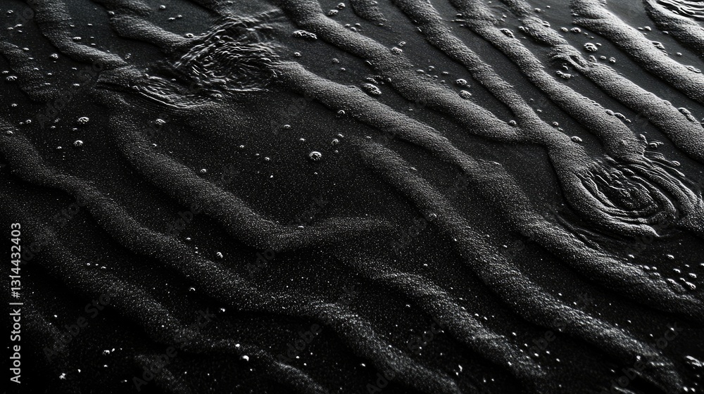 Poster textured patterns on wet sand with gentle waves and bubbles reflecting light in monochrome tones