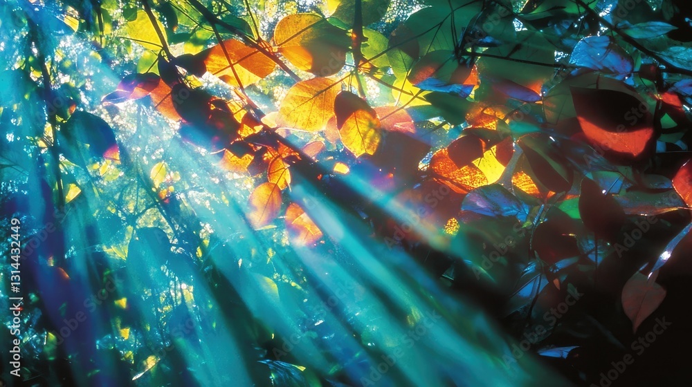 Poster sunlight streams through leaves in vibrant forest canopy creating a magical atmosphere with colorful