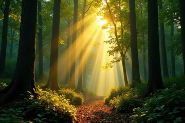 Golden sunlight streams through dense forest canopy , woods, ethereal, light