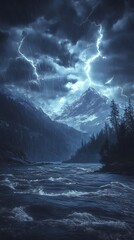 A dramatic landscape featuring mountains, a river, and a stormy sky with lightning.