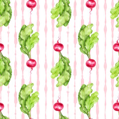 Hand-drawn radish with leaves, vegetable seamless pattern. Striped background
