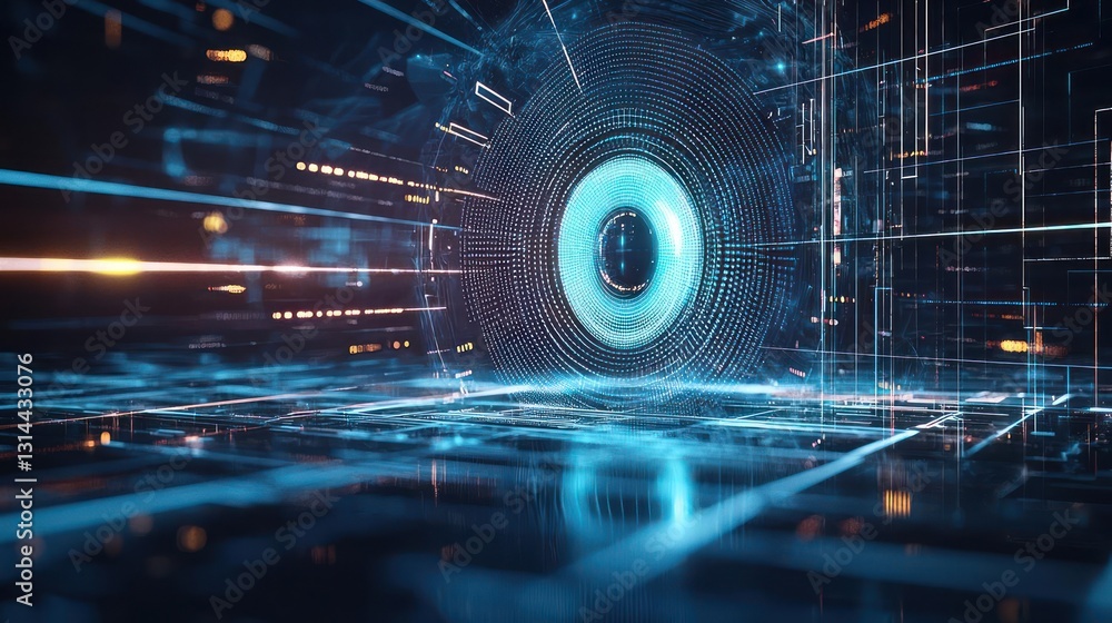 Poster abstract digital visualization of circuit board with glowing blue light and futuristic geometric net
