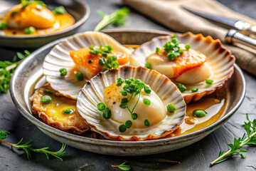 Delicious seafood dish featuring scallops topped with green onions, served in shells. presentation is elegant, perfect for fine dining or special occasions