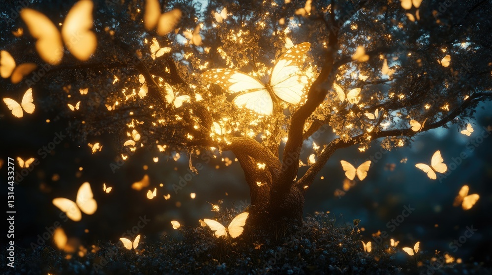 Poster enchanting scene of glowing butterflies surrounding a majestic tree in a mystical forest setting at 