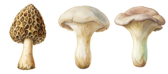 Detailed mushroom illustrations, watercolor style, natural colors, botanical art, educational purpose, food identification, nature study.
