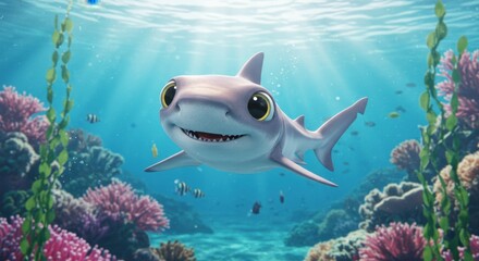 Fototapeta premium Playful cartoon shark swimming through vibrant coral reef with colorful fish in clear water