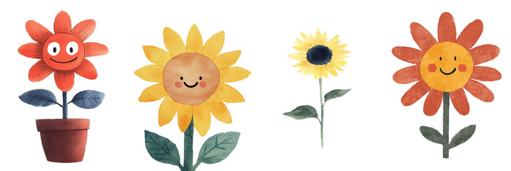 This png image features a smiling cartoon sunflower, complete with leaves and bright orange petals, isolated on a transparent background