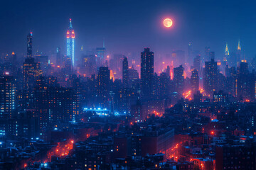 Vibrant Cityscape Under Full Moon Glow