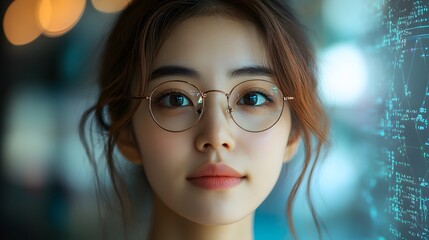 Fototapeta premium Female scientist testing AI-driven virtual environments, deep learning applications, futuristic interface