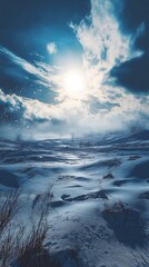 Obraz premium A serene winter landscape with snow-covered ground and a bright sun illuminating the sky.