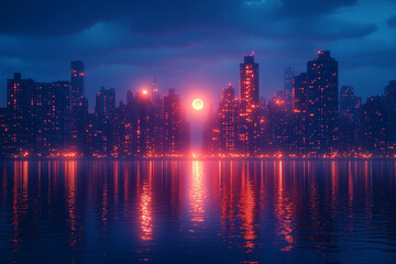 Fototapeta premium Starry Night with Cityscape and Full Moon