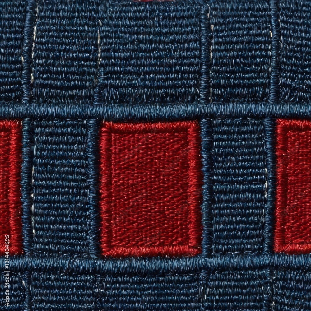 Poster intricate textured fabric design with red rectangles on a deep blue geometric pattern background