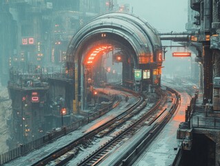 Obraz premium A Bleak Cyberpunk Metropolis: Rain-Soaked Rails and Glowing Neon Amidst Towering Structures, a Glimpse into a Dystopian Future Transportation System