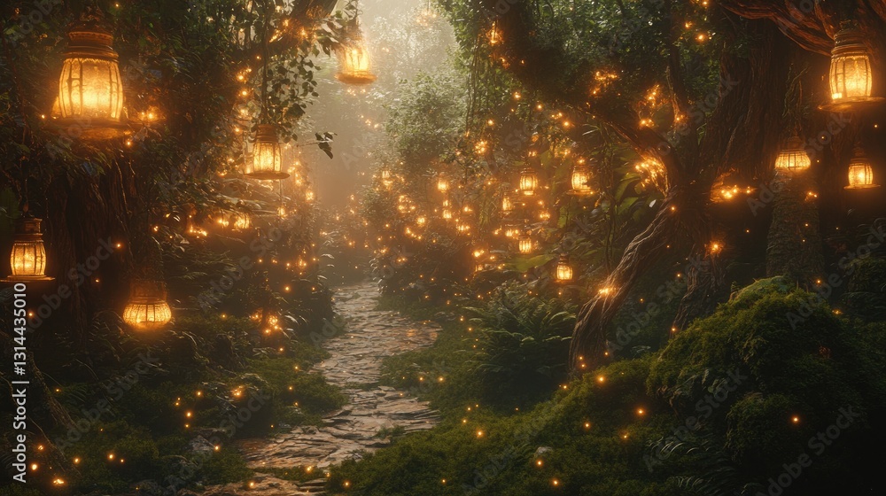 Poster enchanted forest pathway with glowing lanterns and magical atmosphere creating a serene and mystical