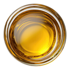 A top-down view of a glass filled with golden liquid.