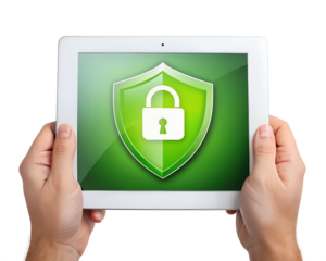 hands on a white background holding ipad. Ipad shows green shield with padlock. Online security, data protection. Image ideal for tech articles websites about cyber security