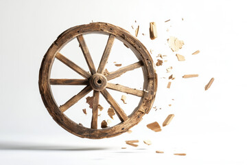 Fototapeta premium An old wooden wagon wheel disintegrates, with pieces flying off against a white background, symbolizing decay and change.