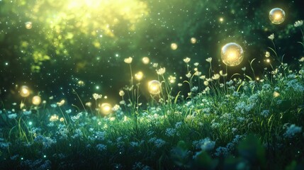Magical Forest Scene with Glowing Bubbles and Blossoming Flowers Under Soft Morning Light