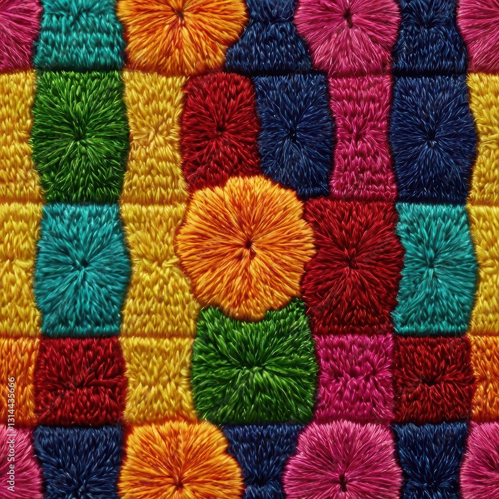 Poster vibrant multicolored textile pattern with intricate stitching close up detailed fabric design decora