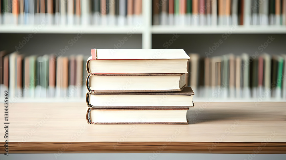 Poster stack of hardcover books with red spines on a wooden table in a blurred library setting with white b