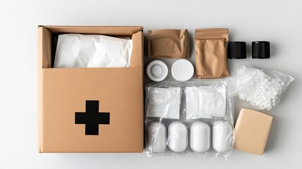 Top view of a well-equipped first aid kit with various medical supplies organized neatly on a clean white surface, ready for use