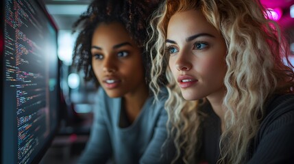 Female software developers debugging code together, reviewing lines of programming on dual monitors, modern office