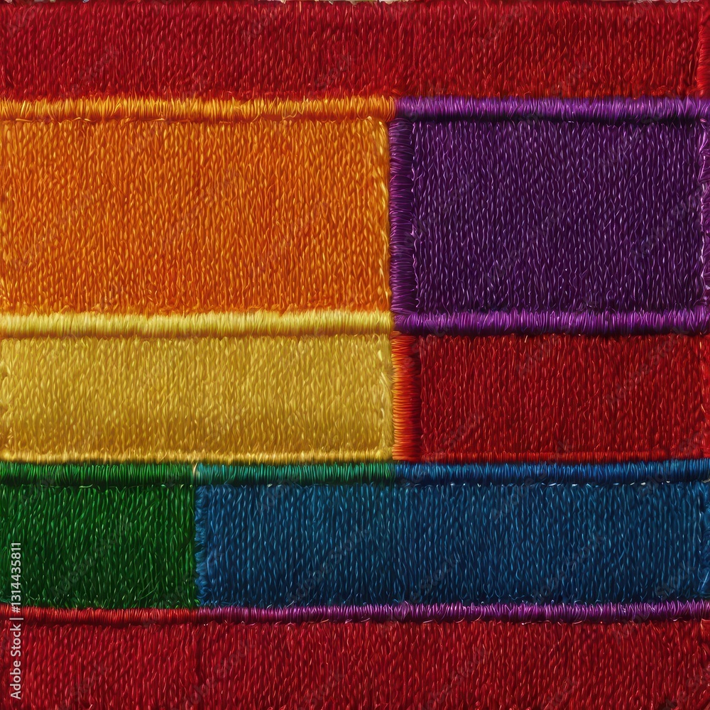 Poster vibrant rectangular stitched blocks featuring a spectrum of colors and metallic texture in macro pho