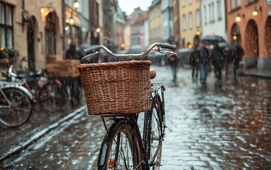 Fototapeta premium Rainy city street scene with bicycle