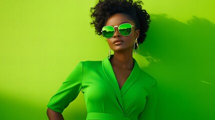 Stylish Black woman in a vibrant green dress and sunglasses against a matching background.
