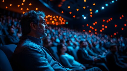 Executives delivering a speech on stage, engaging both physical and virtual audiences, business innovation focus
