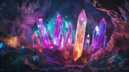 Vibrant Multi-Colored Crystals Glimmering in a Mystical Cave Setting with Ethereal Lighting