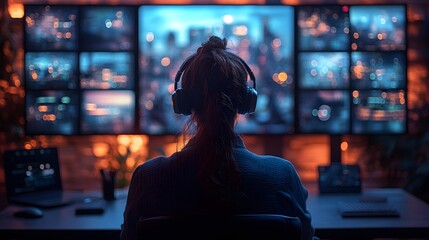High-tech boardroom setup for a global teleconference, professionals connected through seamless digital platforms