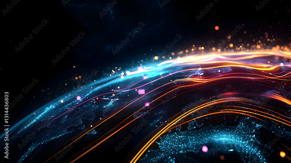 Poster vivid blue orange and red digital stream of light particles flowing across a dark background in a dy