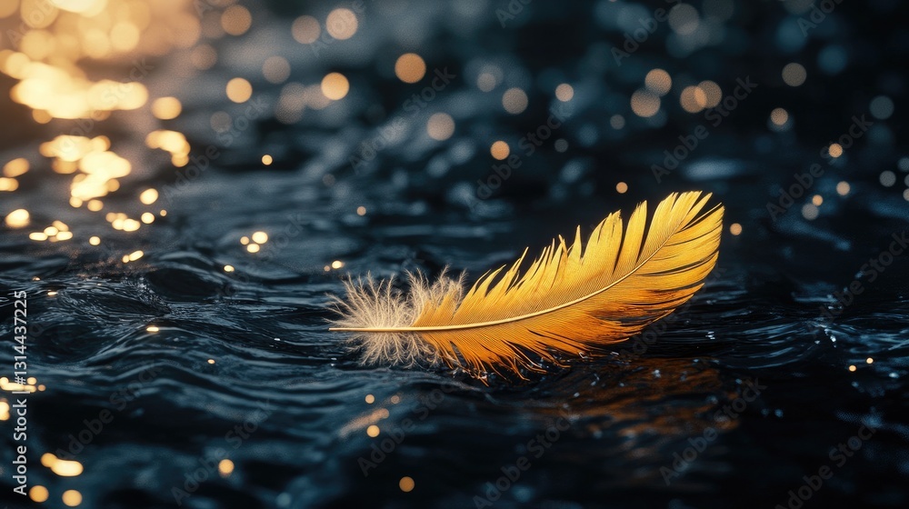 Aufkleber golden feather floating gently on dark water surface with sparkling bokeh lights in background